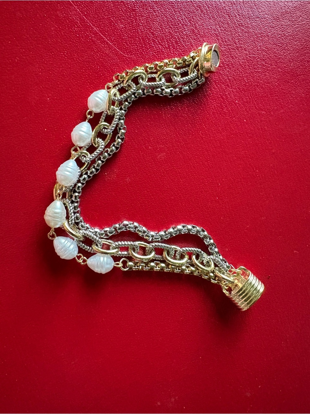 Gold & Silver Multi-Chain Bracelet with Peay Bead Accents Magnetic